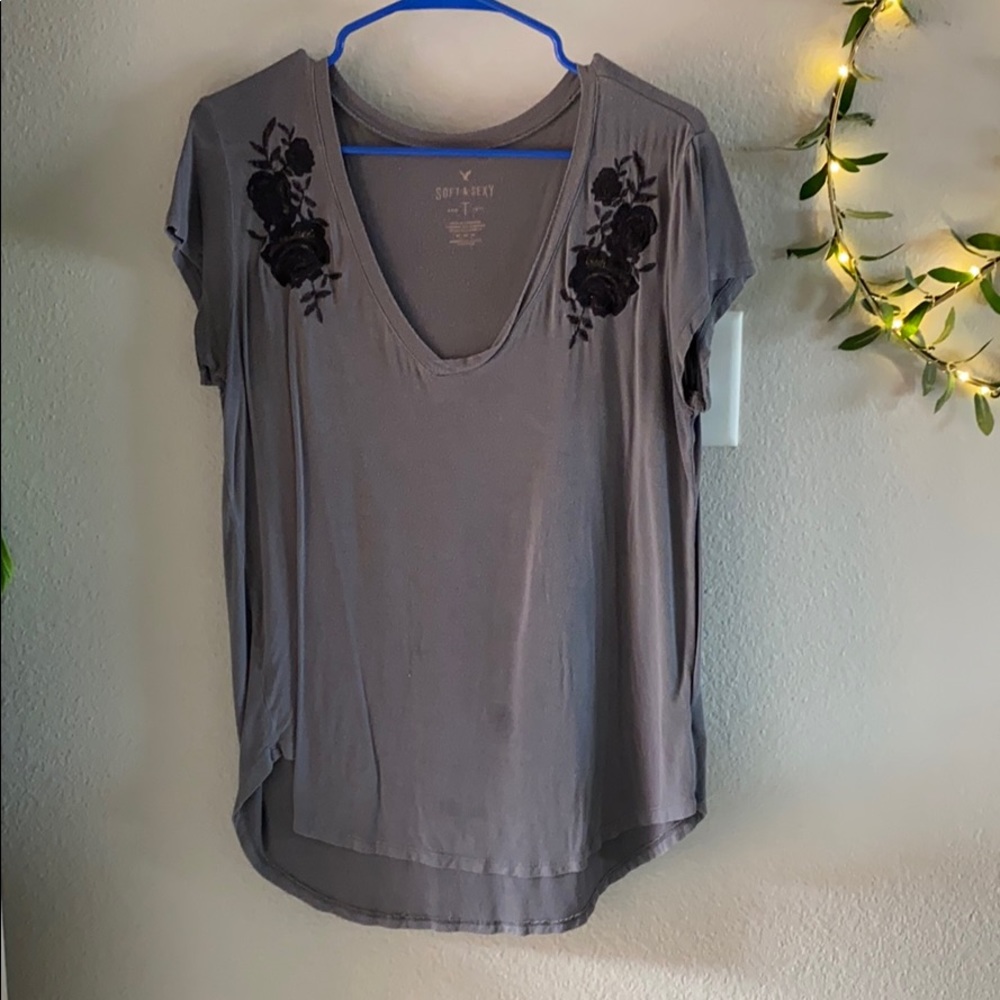 American Eagle Grey and Green Loose-fitted Tee